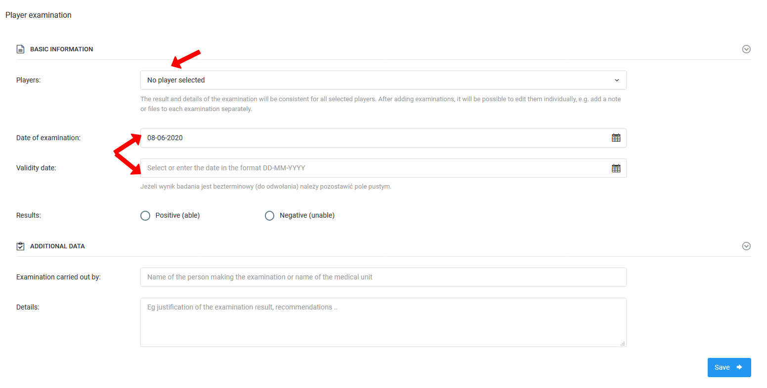Examination entry form