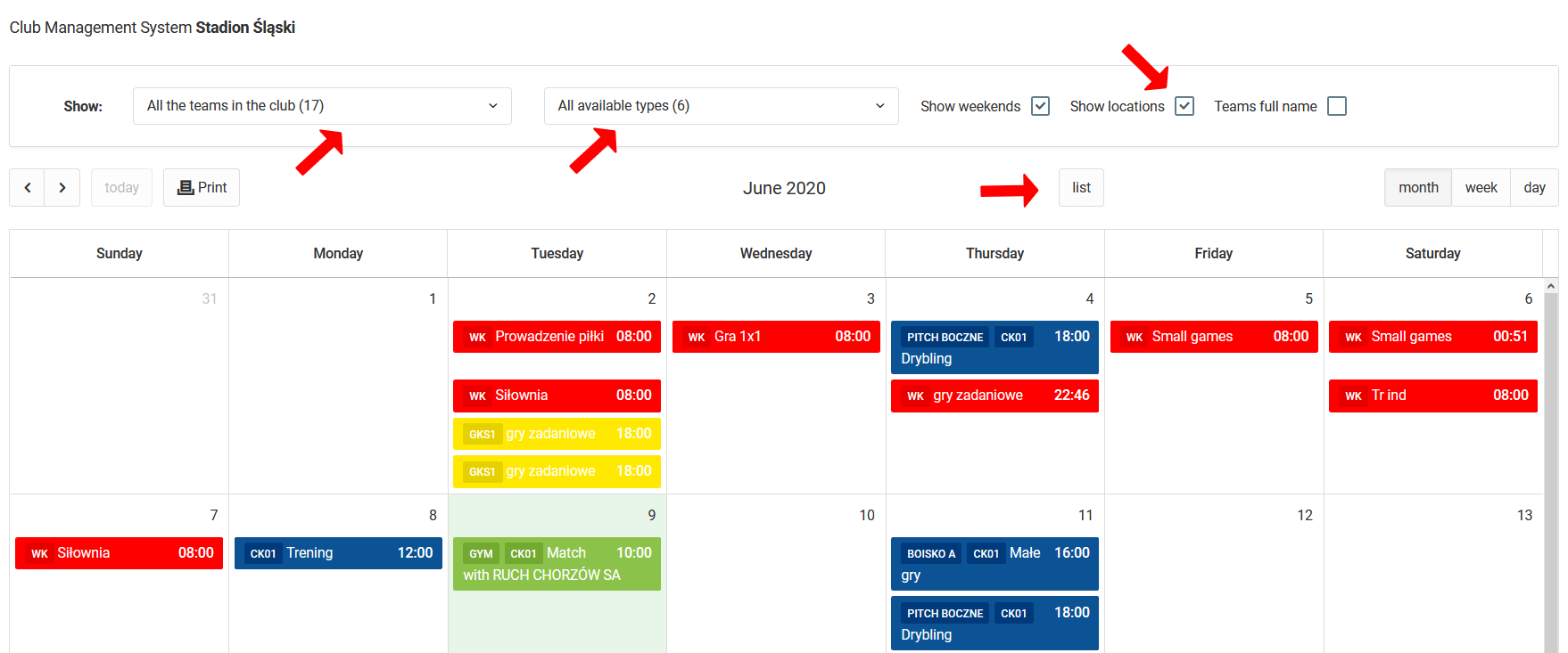 Club calendar