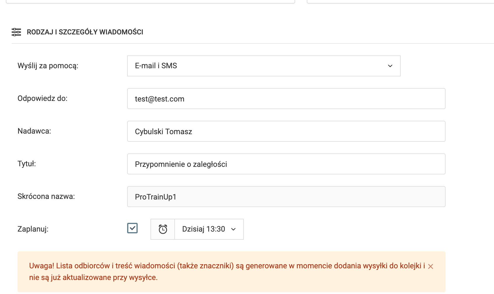 Message configuration